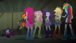 Size: 1920x1080 | Tagged: safe, screencap, applejack, fluttershy, pinkie pie, rainbow dash, rarity, sunset shimmer, twilight sparkle, human, equestria girls, g4, my little pony equestria girls: rainbow rocks, boots, bracelet, clothes, cowboy boots, female, high heel boots, humane five, humane seven, humane six, jacket, jewelry, leather jacket, legs, rear view, sleeveless, socks, tank top, wristband