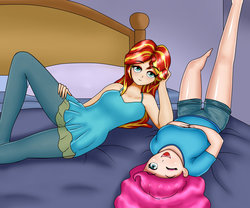 Size: 1024x853 | Tagged: safe, artist:focusb, pinkie pie, sunset shimmer, equestria girls, g4, bed, bedroom, breasts, clothes, duo, female, human coloration, looking at you, one eye closed, open mouth, pants, shorts, smiling, wink