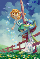 Size: 2125x3121 | Tagged: safe, artist:holivi, oc, oc only, bird, earth pony, pony, unicorn, semi-anthro, g4, bipedal, blowing, clothes, cloud, commission, cottagecore, cute, dandelion, dress, female, fence, freckles, glowing horn, grass, grin, high res, hoof hold, horn, levitation, looking up, magic, mare, open mouth, puffy cheeks, puffy sleeves, scenery, sitting, skirt, skirt lift, sky, smiling, suspenders, telekinesis, underhoof, unshorn fetlocks