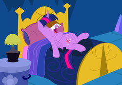 Size: 1000x696 | Tagged: safe, alternate version, artist:nitei, twilight sparkle, alicorn, pony, g4, bed, bedwetting, book, female, on back, pissing, show accurate, sleeping, snoring, solo, twilight sparkle (alicorn), urine, wetting