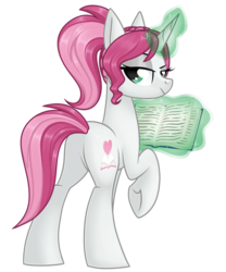 Size: 1024x1231 | Tagged: safe, artist:kellythedrawinguni, oc, oc only, oc:novella, pony, unicorn, book, butt, everfree northwest, female, looking back, magic, mare, plot, simple background, solo, transparent background