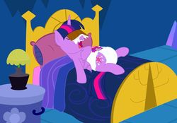 Size: 1000x696 | Tagged: safe, alternate version, artist:nitei, twilight sparkle, alicorn, pony, g4, bed, book, diaper, female, non-baby in diaper, on back, poofy diaper, sleeping, snoring, solo, twilight sparkle (alicorn)