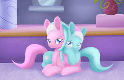 Size: 2569x1654 | Tagged: safe, artist:dusthiel, aloe, lotus blossom, earth pony, pony, g4, duo, female, looking at you, mare, prone, smiling, spa, spa twins