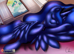 Size: 1280x930 | Tagged: safe, artist:calena, princess celestia, princess luna, alicorn, pony, g4, female, patreon, patreon logo, royal sisters, signature, sleeping, smiling, solo