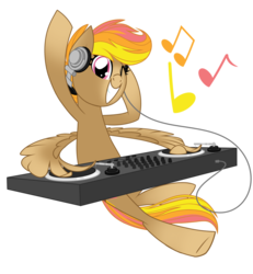 Size: 1024x1106 | Tagged: safe, artist:kellythedrawinguni, oc, oc only, oc:mocha sunrise, pegasus, pony, female, headphones, mare, music notes, one eye closed, simple background, solo, transparent background, turntable, wing hands, wink
