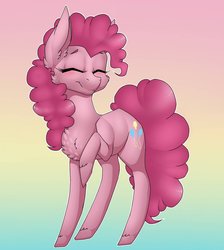 Size: 1024x1143 | Tagged: safe, artist:melpone, pinkie pie, earth pony, pony, g4, chest fluff, ear fluff, eyes closed, female, fluffy, gradient background, mare, raised hoof, smiling, solo, unshorn fetlocks