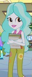 Size: 243x572 | Tagged: safe, screencap, aqua blossom, paisley, sandalwood, equestria girls, g4, my little pony equestria girls, boots, cropped, flower, high heel boots, library, lockers, notebook, rear view