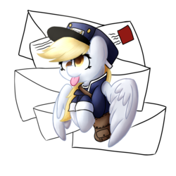 Size: 2000x2000 | Tagged: safe, artist:lyres-art, artist:vulsegardt, derpy hooves, pegasus, pony, g4, clothes, collaboration, colored pupils, female, hat, high res, letter, mail, mailbag, mailmare, mailmare hat, smiling, solo, tongue out, uniform