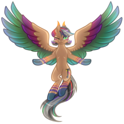 Size: 5000x5000 | Tagged: safe, artist:amazing-artsong, oc, oc only, oc:artsong, pegasus, pony, absurd resolution, female, large wings, mare, one eye closed, rainbow power, simple background, solo, spread wings, transparent background, wings, wink