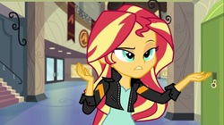 Size: 1100x618 | Tagged: safe, screencap, sunset shimmer, equestria girls, g4, my little pony equestria girls: friendship games, clothes, derp, door, female, jacket, leather jacket, lockers, solo