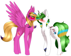 Size: 2233x1778 | Tagged: safe, artist:alithecat1989, oc, oc only, pegasus, pony, unicorn, blushing, eye contact, female, fluffy, lesbian, looking at each other, mare, simple background, spread wings, transparent background, wings