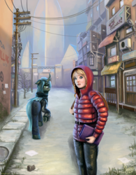 Size: 2000x2560 | Tagged: safe, artist:nemo2d, queen chrysalis, changeling, human, fanfic:the girl and the queen, g4, abandoned, book, braid, building, clothes, coat, commission, duo, female, floppy ears, high res, hoodie, jacket, looking back, ruins, street