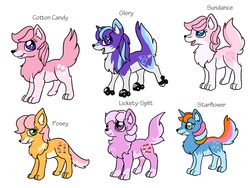 Size: 1024x768 | Tagged: safe, artist:usagi-zakura, glory, lickety-split, posey, starflower, sundance, wolf, g1, cotton candy, my little wolf, species swap