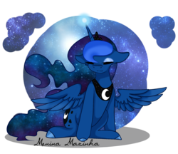 Size: 1024x883 | Tagged: safe, artist:graceyriver, artist:meninamazinha, princess luna, g4, collaboration, eyes closed, female, floppy ears, galaxy mane, sitting, solo, spread wings, wings