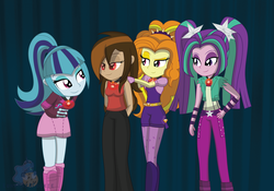 Size: 4763x3326 | Tagged: safe, artist:lunahazacookie, adagio dazzle, aria blaze, sonata dusk, oc, oc:collapsia slash, oc:cupcake slash, human, equestria girls, g4, antagonist, breasts, clothes, delighted, disguise, disguised siren, dream came true, evil, gem, happy, high res, looking at someone, loose hair, necklace, new member, one of us, red eyes, siren gem, smiling, species swap, the dazzlings