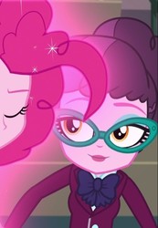 Size: 428x617 | Tagged: safe, screencap, pinkie pie, varsity trim, equestria girls, g4, my little pony equestria girls: friendship games, background human, bowtie, clothes, cropped, crystal prep academy uniform, eyes closed, glasses, school uniform, sparkles