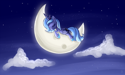 Size: 1000x600 | Tagged: safe, artist:xwreathofroses, princess luna, g4, cloud, eyes closed, female, moon, prone, s1 luna, sleeping, solo, stars, tangible heavenly object