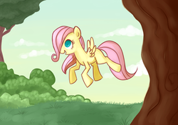 Size: 1000x700 | Tagged: safe, artist:xwreathofroses, fluttershy, pegasus, pony, g4, the cutie mark chronicles, female, filly, filly fluttershy, flying, scene interpretation, solo, tree