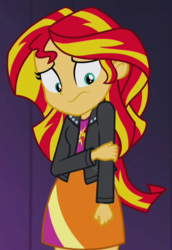 Size: 427x622 | Tagged: safe, screencap, sunset shimmer, equestria girls, g4, my little pony equestria girls: rainbow rocks, clothes, cropped, female, hand on arm, jacket, leather jacket, skirt, solo