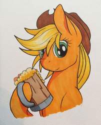 Size: 826x1024 | Tagged: safe, artist:shadayloronic, applejack, g4, cider, female, simple background, solo, traditional art