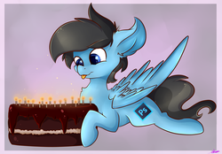 Size: 3829x2672 | Tagged: safe, artist:ashee, oc, oc only, oc:fordsie blue thunder, birthday cake, cake, candle, food, high res, solo, tongue out