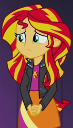 Size: 358x631 | Tagged: safe, screencap, sunset shimmer, equestria girls, g4, my little pony equestria girls: rainbow rocks, clothes, cropped, female, jacket, leather jacket, sad, skirt, solo