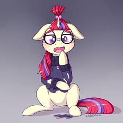 Size: 1920x1920 | Tagged: safe, artist:dsp2003, artist:lalieri, moondancer, pony, g4, blushing, clothes, crying, floppy ears, glasses, gradient background, looking at you, open mouth, sweater, teary eyes