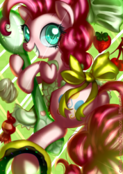 Size: 2149x3035 | Tagged: safe, artist:monochromacat, pinkie pie, g4, apron, candy, clothes, cute, diapinkes, donut, female, food, grin, high res, looking at you, smiling, solo, spoon, strawberry