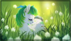 Size: 1983x1148 | Tagged: safe, artist:spirit-alu, oc, oc only, earth pony, ladybug, pony, commission, ear piercing, earring, grass, jewelry, piercing, sleeping, solo, ych result