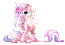 Size: 2353x1634 | Tagged: safe, artist:scarlet-spectrum, oc, oc only, pony, unicorn, cloven hooves, female, lidded eyes, long tail, looking at you, mare, multicolored hair, simple background, smiling, solo, transparent background