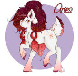 Size: 1280x1250 | Tagged: safe, artist:niniibear, oc, oc only, aries, blushing, chest fluff, ear fluff, ethereal mane, fluffy tail, galaxy mane, gold, happy, horn, horns, horoscope, horoscope inspired, ram, red, red hooves, simple background, smiling, solo, transparent background, unshorn fetlocks, walk, walking, zodiac, zodiac sign