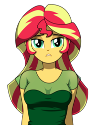 Size: 528x692 | Tagged: dead source, safe, artist:rosemile mulberry, sunset shimmer, equestria girls, g4, clothes, female, looking at you, shirt, simple background, solo, white background