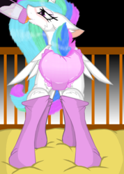 Size: 2496x3504 | Tagged: safe, artist:cuddlelamb, princess celestia, alicorn, pony, g4, abdl, adult foal, baby bottle, bottle feeding, clothes, diaper, female, high res, mare, non-baby in diaper, socks, solo, sucking