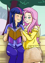 Size: 1574x2200 | Tagged: safe, artist:shiko-k, fluttershy, twilight sparkle, human, g4, bench, blushing, book, clothes, eyes closed, female, horn, horned humanization, humanized, lesbian, ship:twishy, shipping, sitting, smiling, sweater, sweatershy, tree, winged humanization, wings