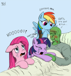 Size: 1500x1611 | Tagged: safe, artist:bgf, color edit, edit, pinkie pie, rainbow dash, twilight sparkle, oc, oc:anon, alicorn, human, pony, g4, anon in equestria, anonymous, backwards thermometer, bed, big no, colored, crying, dialogue, eyes closed, floppy ears, kissing, open mouth, overreaction, pinkamena diane pie, sad, screaming, sick, sweat, thermometer, twilight sparkle (alicorn)
