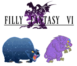 Size: 260x220 | Tagged: safe, artist:rydelfox, pony, ursa, ursa major, ursa minor, g4, bipedal, claws, duo, filly fantasy vi, final fantasy, floppy ears, fluffy, frown, gritted teeth, open mouth, pixel art, simple background, sprite, white background