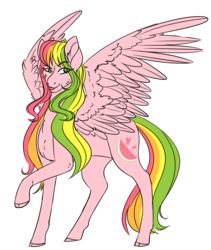 Size: 1200x1423 | Tagged: safe, artist:cinnamonsparx, oc, oc only, oc:fancy fruit, pegasus, pony, chest fluff, cloven hooves, ear fluff, female, fluffy, large wings, lidded eyes, looking at you, mare, raised hoof, raised leg, simple background, smiling, solo, spread wings, tongue out, transparent background, unshorn fetlocks, wing fluff, wings