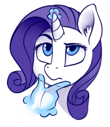 Size: 1280x1474 | Tagged: safe, artist:dimfann, rarity, pony, unicorn, bust, contemplating, ear fluff, emoji, female, frown, glowing horn, hand, head, looking up, magic, magic hands, mare, portrait, raised eyebrow, simple background, solo, thinking, thinking emoji, transparent background