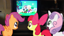 Size: 1696x954 | Tagged: safe, apple bloom, scootaloo, sweetie belle, g4, cutie mark crusaders, fisher price little people, television