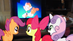 Size: 1696x954 | Tagged: safe, apple bloom, scootaloo, sweetie belle, g4, cats don't dance, cutie mark crusaders, television