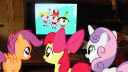 Size: 1696x954 | Tagged: safe, apple bloom, scootaloo, sweetie belle, g4, cutie mark crusaders, television, the powerpuff girls