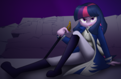 Size: 3500x2300 | Tagged: safe, artist:geraritydevillefort, twilight sparkle, the count of monte rainbow, equestria girls, g4, clothes, female, high res, mondego, monsparkle, pants, sitting, solo, sword, the count of monte cristo