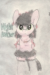 Size: 679x1011 | Tagged: safe, artist:slightlyshade, oc, oc only, oc:night anther, pony, bipedal, blue underwear, clothes, cute, panties, skirt, socks, solo, tank top, traditional art, underwear