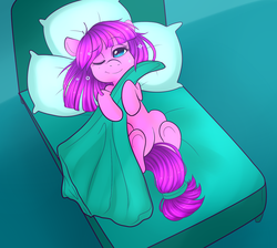 Size: 1280x1148 | Tagged: safe, artist:ponycide, lily longsocks, earth pony, pony, g4, adorasocks, bed, cute, female, filly, lilydorable, loose hair, morning ponies, solo, waking up