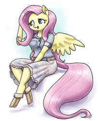 Size: 1280x1576 | Tagged: safe, artist:king-kakapo, fluttershy, pegasus, anthro, unguligrade anthro, g4, belt, blouse, boots, clothes, cute, ear piercing, earring, female, jewelry, mare, piercing, sitting, skirt, solo