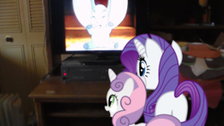 Size: 1696x954 | Tagged: safe, rarity, sweetie belle, g4, dumbo, irl, meme, photo, ponies in real life, television, this will end in tears