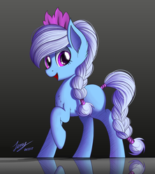 Size: 2500x2813 | Tagged: safe, artist:duskie-06, oc, oc only, oc:lisly, earth pony, pony, blank flank, chest fluff, female, gradient background, high res, mare, raised hoof, reflection, smiling, solo, tail wrap