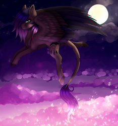 Size: 2335x2500 | Tagged: safe, artist:kimimochi, artist:minelvi, oc, oc only, oc:evening howler, pegasus, pony, cloud, collaboration, colored hooves, female, flying, full moon, hair over one eye, high res, mare, moon, night, pegasus oc, solo, wings