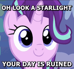 Size: 511x480 | Tagged: safe, edit, edited screencap, screencap, starlight glimmer, pony, unicorn, g4, blue eyes, c:, cute, drama, female, gif, glimmerbetes, hair flip, hair over one eye, horn, mare, metadrama, non-animated gif, op is a duck, op is trying to start shit, op started shit, smiling, solo, starlight drama, starlight drama drama, text, your day is ruined