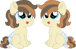 Size: 900x586 | Tagged: safe, artist:tambelon, oc, oc only, oc:chiptune, oc:joystick, earth pony, pony, baby, baby pony, diaper, foal, offspring, parent:button mash, parent:sweetie belle, parents:sweetiemash, simple background, transparent background, twins, watermark